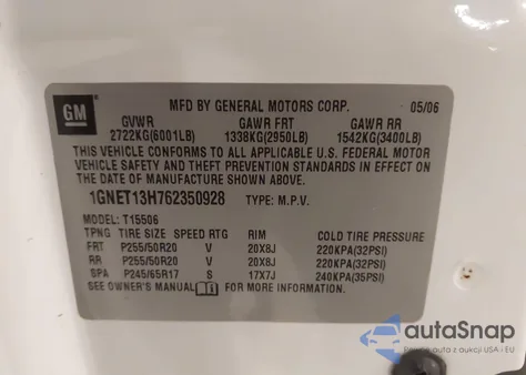 2006 Chevrolet Trailblazer Lt from USA, damaged, VIN 1GNET13H762350928